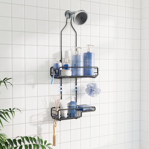 Skyapex Hanging Shower Caddy Bathroom Organizer - Over The Shower Head Adjustable Rack for Tall Showerheads, Extra Large Storage Shelf with Soap Holder for Big Shampoo Bottles - color: Black - 2 Tier