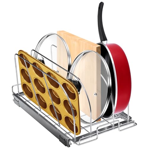 VEVOR Pan and Pot Rack, Expandable Pull Out Under Cabinet Organizer, Cookie Sheet Baking Pans tray Organization, Adjustable Wire Dividers, Steel Lid Holder for Kitchen Cabinet & Pantry Storage, 11.7"W - size: 10 inch, style: Single Tier