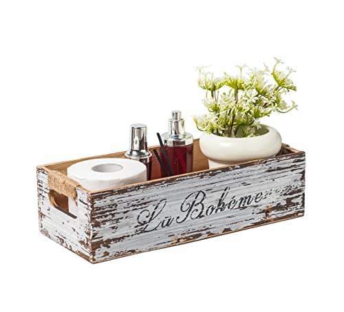 TIMRIS Farmhouse Distressed Wooden Storage Box, Rustic Bathroom Decor Box, Decorative Toilet Tank Basket, Vintage Countertop Organizer Box with Handles (Distressed White) - color: Distressed White