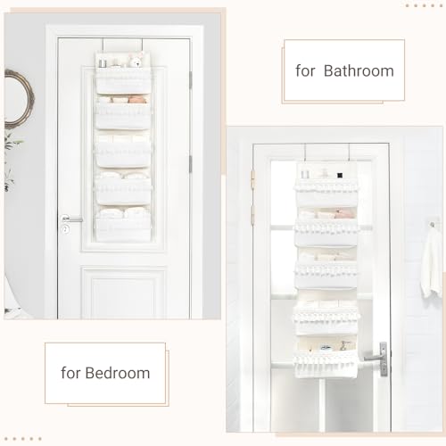 Dahey Over The Door Organizer Boho Nursery Storage Decor Closet Hanging Organizer with Tassels Decoration for Bedroom Nursery Bathroom Apartments Dorm Pantry, 5 Pockets, White - color: White, size: Large