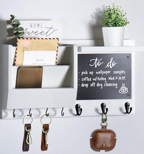 Ziivita Key Holder for Wall - Mail Holder Organizer Wall Mount with Shelf - Hanging Key Rack Hanger with Hooks Decorative for Home Coat Letter Dog Leash Entryway Living Room Decor - color: White