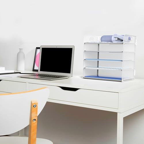 Letter Tray Paper Organizer 5-Tier Desk Organizer File Organizer Paper Holder with Handle, Metal Desktop Document Shelf Tray Office Classroom Organization - White - color: White