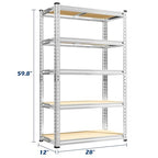REIBII Storage Shelves, 5 Tier Adjustable Metal Garage Shelving, Storage Rack for Kitchen Storage, Basement, Garage, Pantry, Closet, Shop, Galvanized, 12" D x 28" W x 59.8" H，2020 lbs Total Capacity - size: 28"W x 12"D x 59.8"H