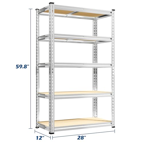 REIBII Storage Shelves, 5 Tier Adjustable Metal Garage Shelving, Storage Rack for Kitchen Storage, Basement, Garage, Pantry, Closet, Shop, Galvanized, 12" D x 28" W x 59.8" H，2020 lbs Total Capacity - size: 28"W x 12"D x 59.8"H