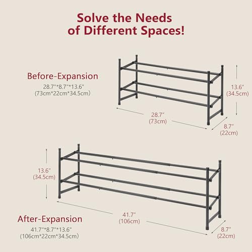 Tajsoon Expandable Shoe Rack for Closet 2 Tier, 28“-41“ Adjustable & Stackable Shoe Shelf Storage, Metal Shoe Rack Organizer for Front Door Entrance, Closet, Garage, Entryway, Black - color: Black, size: 2 Tier