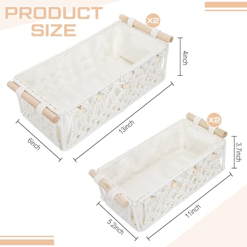 Vesici 4 Pcs White Macrame Storage Basket for Shelves 13 in 11 in Boho Storage Basket Hand Woven Boxes with Wood Handles Beads Decorative Countertop Toilet Tank Cabinet Organizer for Home Room Decor - color: White