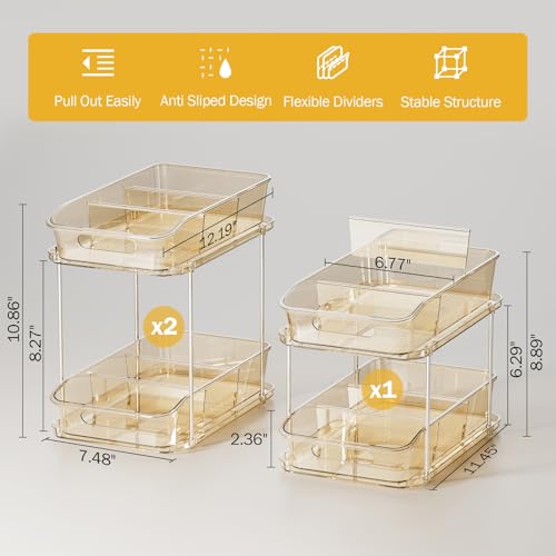 Delamu 2-Tier Under Sink Organizers and Storage, Multi-Purpose Stackable Bathroom Cabinet organizers, Pull Out Kitchen Pantry Organization and Storage with Dividers(3 Pack, Amber) - color: Amber, size: 3 Pack