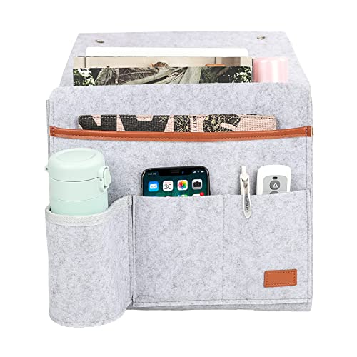 Surblue Bedside Caddy Felt Bedside Storage Organizer with Water Bottle Holder for TV Remote Control Phone Glasses Magazine 7 Pockets(Light Grey) - color: Lightgrey