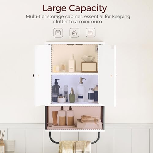 MAHANCRIS Bathroom Wall Cabinet with 2 Door and Adjustable Shelf, Farmhouse Medicine Cabinet with Towel Rack, 3-Tier Wall Mounted Storage Cabinet Over The Toilet for Bathroom Laundry Room, White - color: White, size: 15"L x 7.9"W x 26.1"H