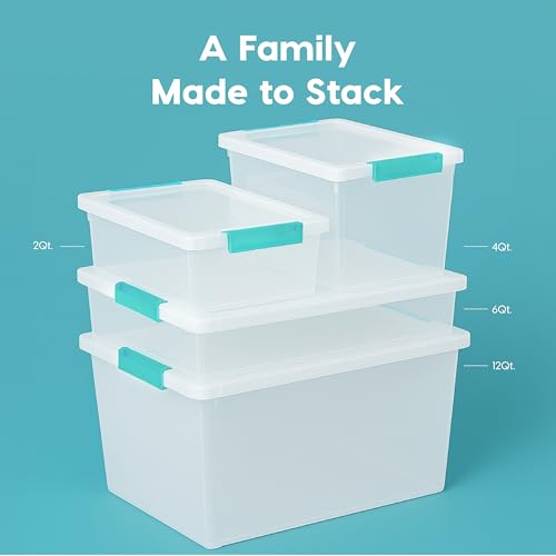 IRIS USA 6 Qt. Craft Storage Bins with Lids, 3-Pack, |Made in USA|, Clip Box, Small Plastic Sensory Bin Tote Organizer Containers for Art Supplies, Paper, & Office, Stackable - Clear/Seafoam Blue - size: 6 Qt. - 3 Pack