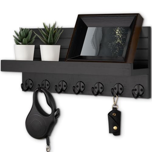 Lwenki Key Holder Wall Mount, Entryway Key and Mail Holder with 7 Sturdy Hooks for Sunglasses, Dog Leash, Decorative Wall Shelf with Mounting Hardware, 15”W x 6.7”H x 4.2”D - color: Black