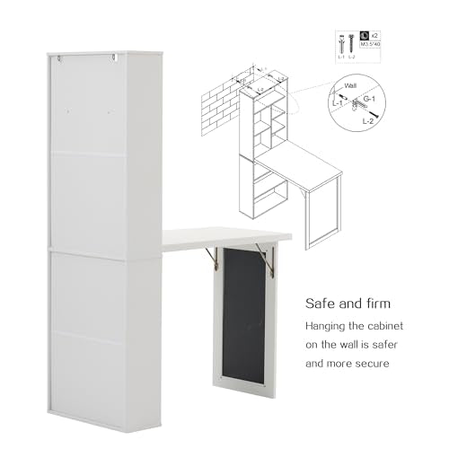 Folding Desk with Storage,Foldable Convertible Writing table with Blackboard and Shelves,Wall Mount Fold Out Table Cabinet , Space-Saving Murphy Desk Multi-Function Home Office Workstation (White) - color: White