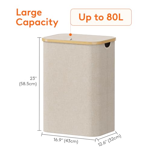 Lifewit 80L Laundry Basket with Lid, Clothes Hampers for Laundry with Bamboo Handles and 1 Removable Bag, Large Foldable Laundry Hamper for Bedroom, Bathroom, Dorm, Laundry Room, Beige - color: Beige, size: 80L