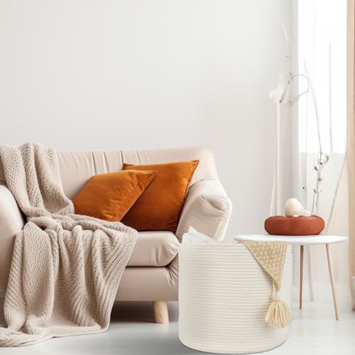 XUANGUO Cotton Rope Basket For Girls Boys Kids 16”X14” Baby Laundry Baskets Nursery Bin Round Woven Basket Organizer For Storage Toys Blankets Shoes Clothes white - color: white