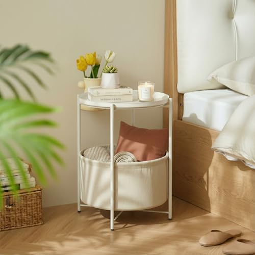 danpinera Round Side Table with Fabric Storage Basket, Metal Side Table Small Bedside Nightstand with Removable Tray Top for Living Room, Bedroom, Nursery, Laundry, White - color: White
