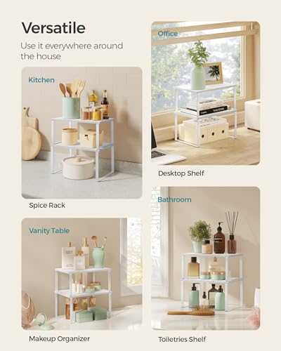 SONGMICS Cabinet Organizer Shelf, Set of 2 Kitchen Counter Shelves, Kitchen Storage, Spice Rack, Stackable, Expandable, Metal and Engineered Wood, Cloud White and Snow White UKCS02W01 (Pack of 2) - color: Cloud White + Snow White, size: 11.7"W (Pack of 2)
