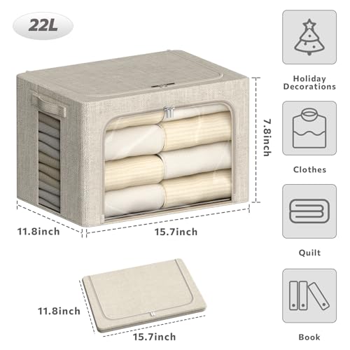 4 Pack Clothes Storage Bins with Metal Frame - 22L Stackable Storage Box with Lid，Foldable Storage Container Organizer for Clothes，Linen Fabric Storage Box with Clear Window＆Zippers＆Handles - color: Beige, size: 22L
