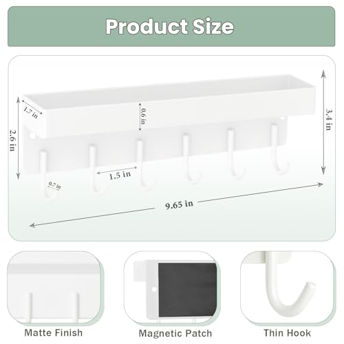 Magnetic Key Holder Wall Mount, Small Metal Key Rack with Tray, 9.6 Inch, 6 Hooks, 2 Installation Options, White - color: White