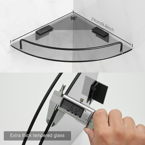 Voldra Glass Corner Shower Caddy, 2 Pack Adhesive Corner Shower Shelves for Inside Shower No Drilling, Tempered Glass Bathroom Corner Shelf with Guardrail Bathroom Shower Organizer Storage Rack(Black) - color: Glass-Corners, size: 2 Pack