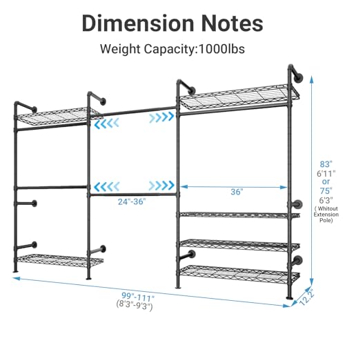Timate F3 Plus Wall Mounted Clothes Rack Industrial Pipe Clothing Rack for Hanging Clothes, Heavy Duty Clothes Rack with Shelves, Expandable Garment Rack Wall Closet System, Black Pipe Closet Kit - color: Black, size: F3 Plus