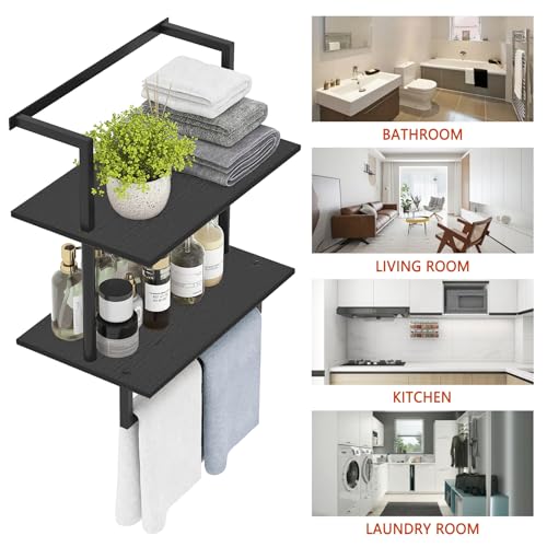 Wall Mounted Towel Rack for Bathroom, Bath Storage Holder 3-Tier Steel Wood Towel Shelf with Bar, Black - color: Black