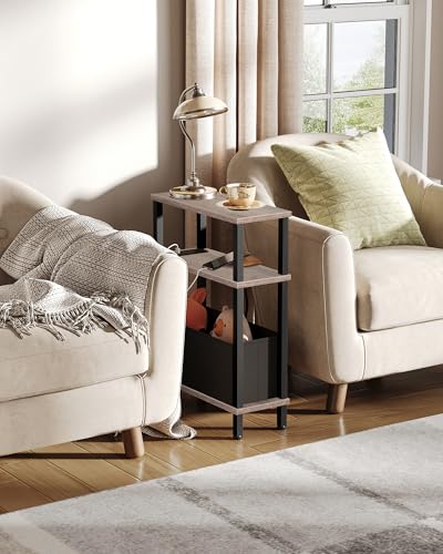 CHOEZON Small Narrow Side Table with Charging Station, Skinny End Table with Fabric Basket, Slim Nightstand for Small Spaces, Sofa Side Table, for Living Room, Bedroom, Greige and Black TBZ07UFH - color: Greige + Black