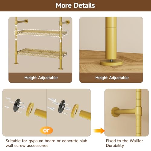 ONBRILL H4 Wall Mounted Closet System, Expandable Industrial Pipe Clothes Rack Clothing Rack for Hanging Clothes, Heavy Duty Closet Organizers and Storage in Wardrobe Closet - Gold - color: Gold