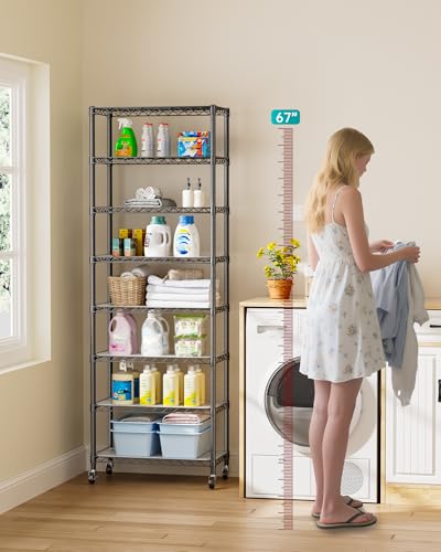 Golpart 8 Tier Shelves Storage Shelf Wire Closet Bathroom Organizers Metal Pantry Kitchen Garage Shelving Unit Laundry Room Organization Home Rack Net Basket Black with Wheels 12”D X 22”W X 74.2”H - color: Black, size: 8 shelves (12 "D X 22 "W X 74.1 "H)