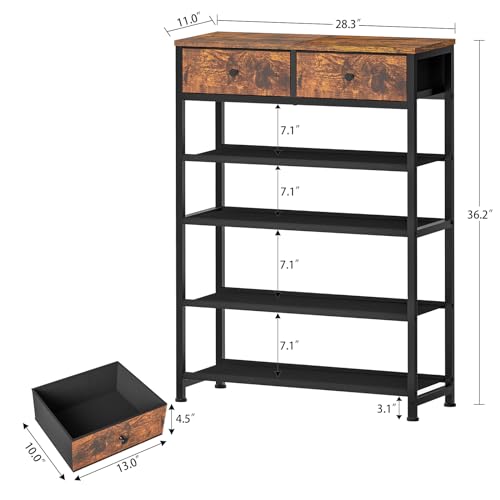 usikey Shoe Rack, 5 Tier Shoe Storage Organizer with 2 Drawers, Metal Shoe Shelf for 12-16 Pairs of Shoes, with 4 Oxford Fabric Shelves and Wooden Top, Shoe Stand for Closet Entryway, Rustic Brown - color: 5 Tier ( 28.3 X 11 X 36.2 Inches)-rustic Brown