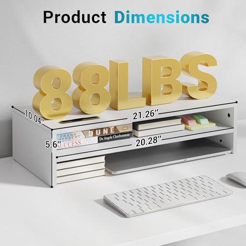 BONTEC Wood Monitor Stand Riser, 2-Tier Desktop Organizer with Storage, Ergonomic Computer Stand for Desk, Cable Management, Cellphone Holder, 21.3 Inch Shelf, White - color: White, size: 21.3inch