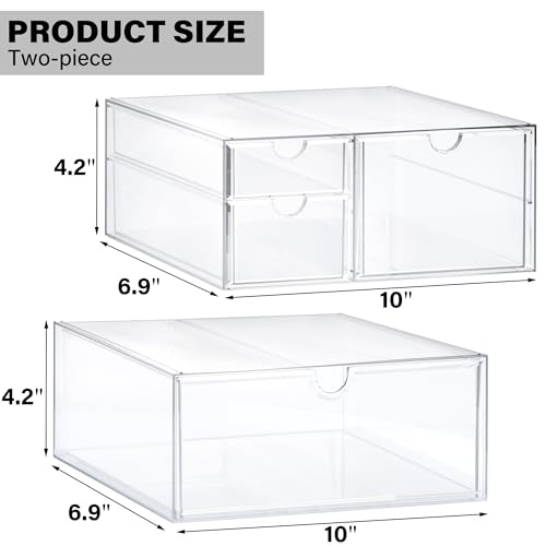 Prsildan Acrylic Drawer Makeup Organizer with 4 Drawers, Set of 2 Office Desk Organizers Accessories, Clear Stackable Storage Drawers for Vanity, Countertop, Craft, Jewelry, Art Supply Organization - style: 4 Drawers