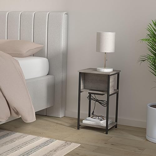 VASAGLE Side Table with Charging Station, 3-Tier End Table with USB Ports and Outlets, Nightstand for Living Room, Bedroom, 11.8 x 13.4 x 22.8 Inches, Plug-in Series, Greige and Black - color: Greige + Black