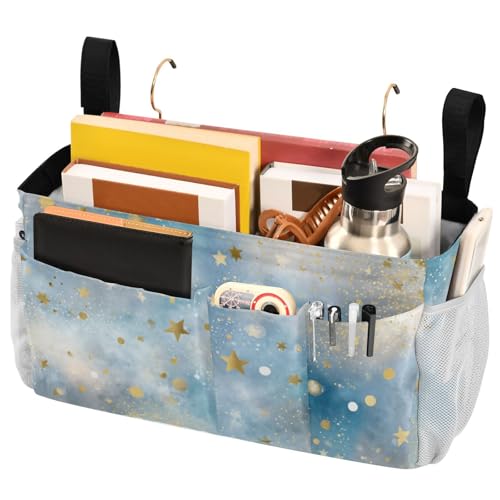 Bedside Caddy Metal Frame Hanging Organizer Bunk Bed Dorm Accessories Hook And Loop Storage Bag Large Pockets Light Blue Golden Stars - color: Light Blue Golden Stars