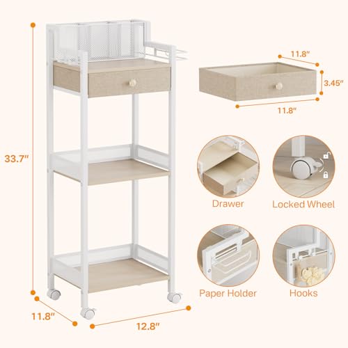 3 Tier Bathroom Shelf with Drawer, 12.8in Large Floor Makeup Organizers Cosmetics Display Cases Holder for Hair Tool, Skincare, Kitchen, Bathroom, Laundry Room Organization - color: 12.8“ White With Drawer