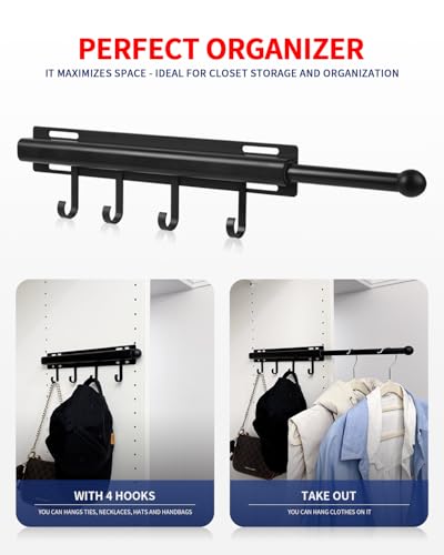 BaiNong 12 inch Valet Rod for Closets Pull Out Closet Valet Rod Slide Out Black Pull Out Clothes Hanger With 4 Hooks - color: Black, size: 12 Inch