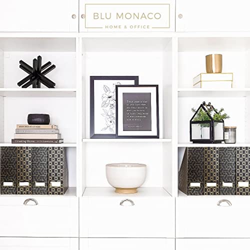 BLU MONACO | Set of 4 Black & Gold Geometric Magazine File Holders with Gold Label Holders | Stylish Vertical File Organizer Boxes for Desk, Bookshelf & Office Storage - color: Dark Grey and Gold