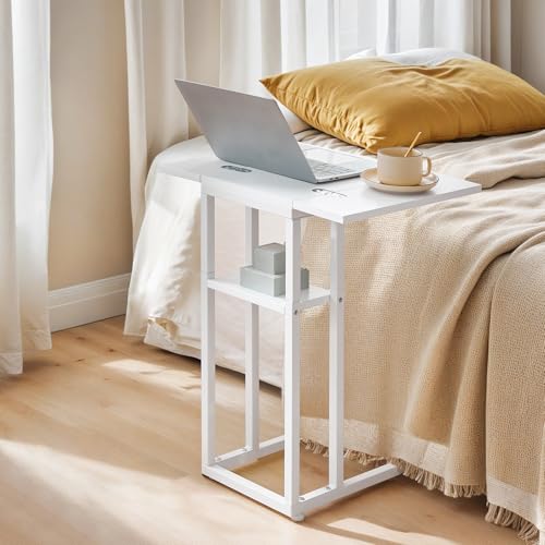 HOOBRO Foldable End Table, C Shaped Side Table with Storage Shelf, Small Snack Table Suitable for Living Room Bedroom Small Spaces, Easy Assembly, White WW29SF01 - color: White