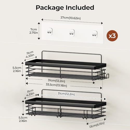 Orimade Shower Caddy with 5 Hooks for Hanging Razor and Sponge Adhesive Shower Shelf Basket Bathroom Storage Organizer Kitchen Rack No Drilling Stainless Steel Rustproof - 2 Pack,Black - color: Black - 2 Pack