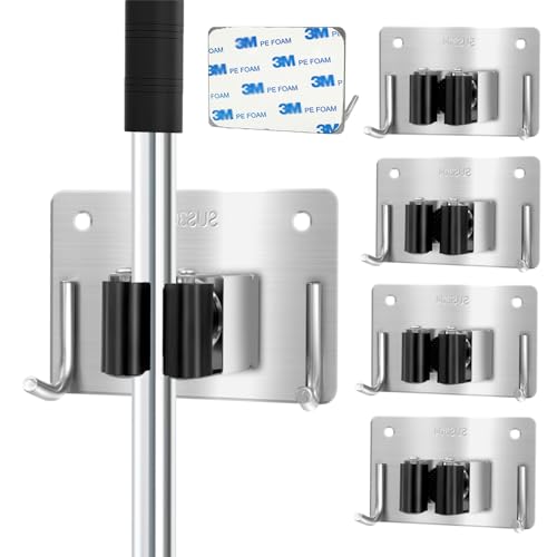 Mop and Broom Holder Wall Mount Stainless Steel 304 Tool Garage Organization Rack Scew and Self Adhesive Broom Hanger Heavy Duty 4pcs