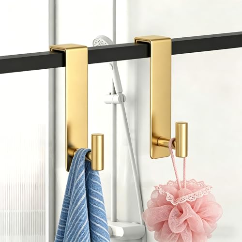 HUFEEOH 2-Pack Over The Door Hooks, Stainless Steel Door Hanger for Towels & Coats, Bathroom Towel Rack Coat Rack, Tool-Free Hooks for Hanging (Gold, Fits 1-3/4" Thick Door -T Shape 2 Pack) - color: Gold, size: Fits 1-3/4" Thick Door - "T" Shape 2 Pack