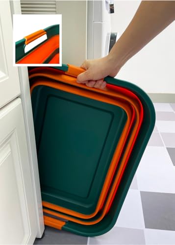 SAMMART Collapsible Plastic Laundry Basket with Handle/Foldable Pop Up Storage Hamper/Portable Laundry Organizer-Space Saving Washing Tub/Household Storage (Teal Green/Autumn leaf, 42L (Set of 2)) - color: Teal Green/Autumn leaf, size: 42L (Set of 2)