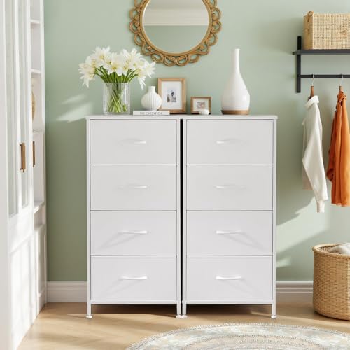 Nightstand, 4 Drawer Dresser End Table Bedside Furniture with Wooden Top Steel Frame Fabric Bins for Bedroom, Closet, Entryway, Dorm, Living Room, White - color: White, size: 11.8"D x 17.7"W x 37.4"H (4 Drawers)