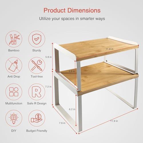 Goozii Kitchen Cabinet Organizer Set of 4, Desk Shelf Riser, Stackable Cabinet Pantry Cupboard Organizer, Kitchen Counter top Shelf, Storage Rack for Spices, Plates, Bamboo Wood, White - color: White-bamboo, size: Medium