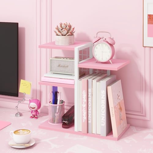 ELITEROO Desktop Bookshelf, Tiered Desk Organizer Shelf, Wooden Tabletop Bookshelf Small Desk Book Shelf, Dresser Top Organization Storage Rack and Desk Decorations for Women Office, Pink - color: Pink