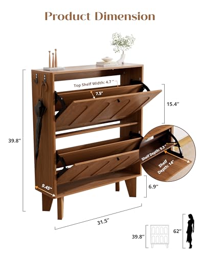 31.5" Shoe Storage Cabinet with 2 Flip Drawers, Narrow Shoe Cabinet for Entryway, Wood Shoe Rack Cabinet for Hallway, Walnut - color: Arched