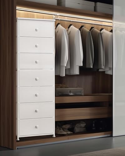 Mifuro Tall Fabric Dresser for Bedroom, Vertical Storage Organizer Tower with 7 Drawers, Chest of Drawers with Bins, Steel Frame, Wood Top for Bedroom, Closet, Entryway White - color: White, size: 7 Large Drawers