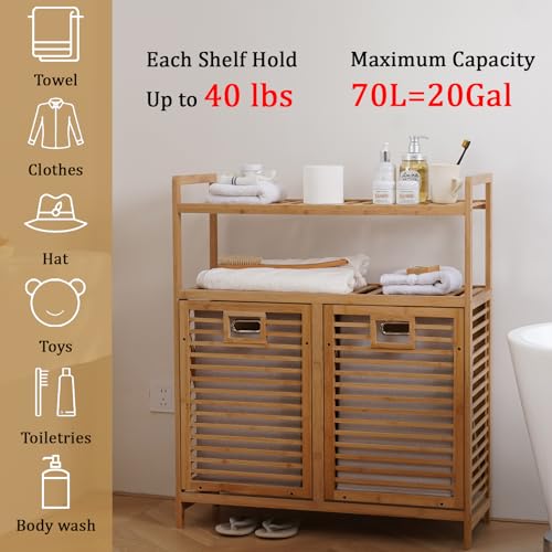 Baveke Double Tilt Out Laundry Hamper, Bamboo Hamper with 2 Removable Bags, Pull Out Laundry Hamper Cabinet, Bathroom Storage Shelf for Laundry Room, Living Room, Bedroom (2-Tier, Natural) - color: Natural, size: YSJ02-2T