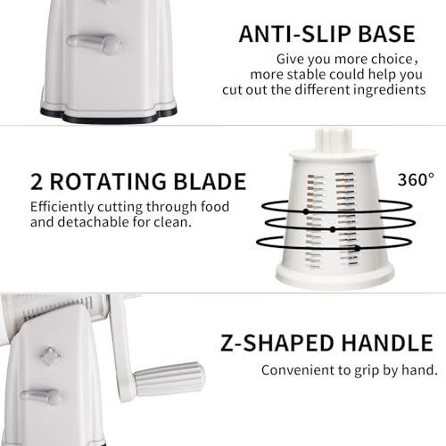 Upgrade Rotary Cheese Grater Shredder with Handle, Strong Suction Base, Multi-purpose Rotary Grater Slicer with 5 Interchangeable Blades for Ice, Vegetables, Fruit, Nuts with Blade Storage Box - color: Milky White