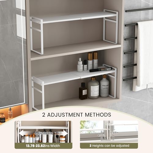 1pcs Medicine Cabinet Organizer Stretchable Storage Box for Bathroom Stackable Mirror Cabinets Vanity Small Narrow Shelf Slim Trays Holder (White, Normal)