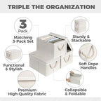 Set of 3 Fabric Bins for Organization - Foldable & Stackable With Lid & Rope Handles - Collapsible Fabric Storage Cubes Lightweight & Sturdy Bottom, Space Saving Collapsible Bin, Ivory